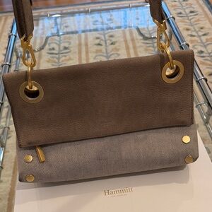 Hammitt Taupe Leather & Canvas Shoulder Bag with Gold Hardware